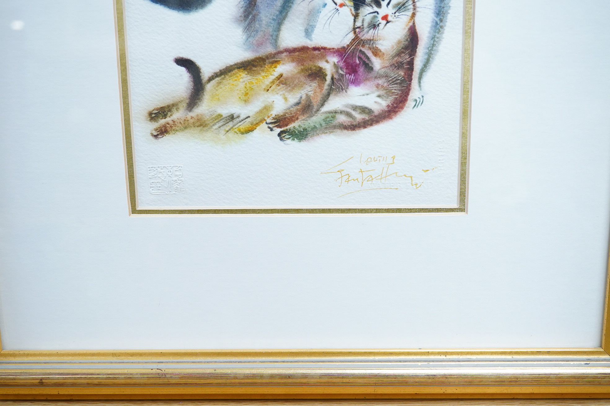Contemporary watercolour, Malaysian cats, indistinctly signed, blindstamped, 17 x 17cm